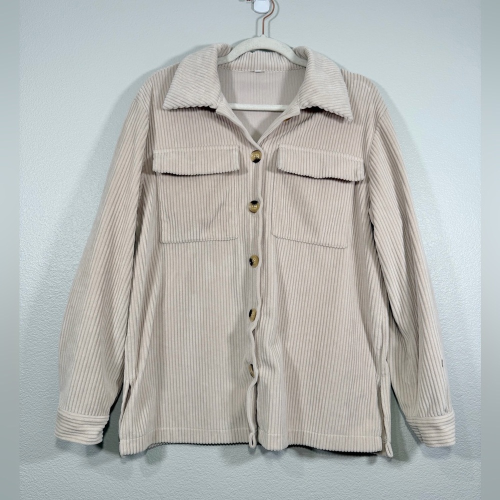 Corduroy Jacket Shacket Cream Tan Brown Soft Button Down Wide Collar Women Med
